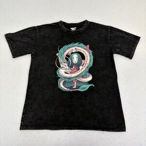 Y2K Washed Black Anime Graphic Tee Chihiro Ogino Haku Hokuro Streetwear Grunge L